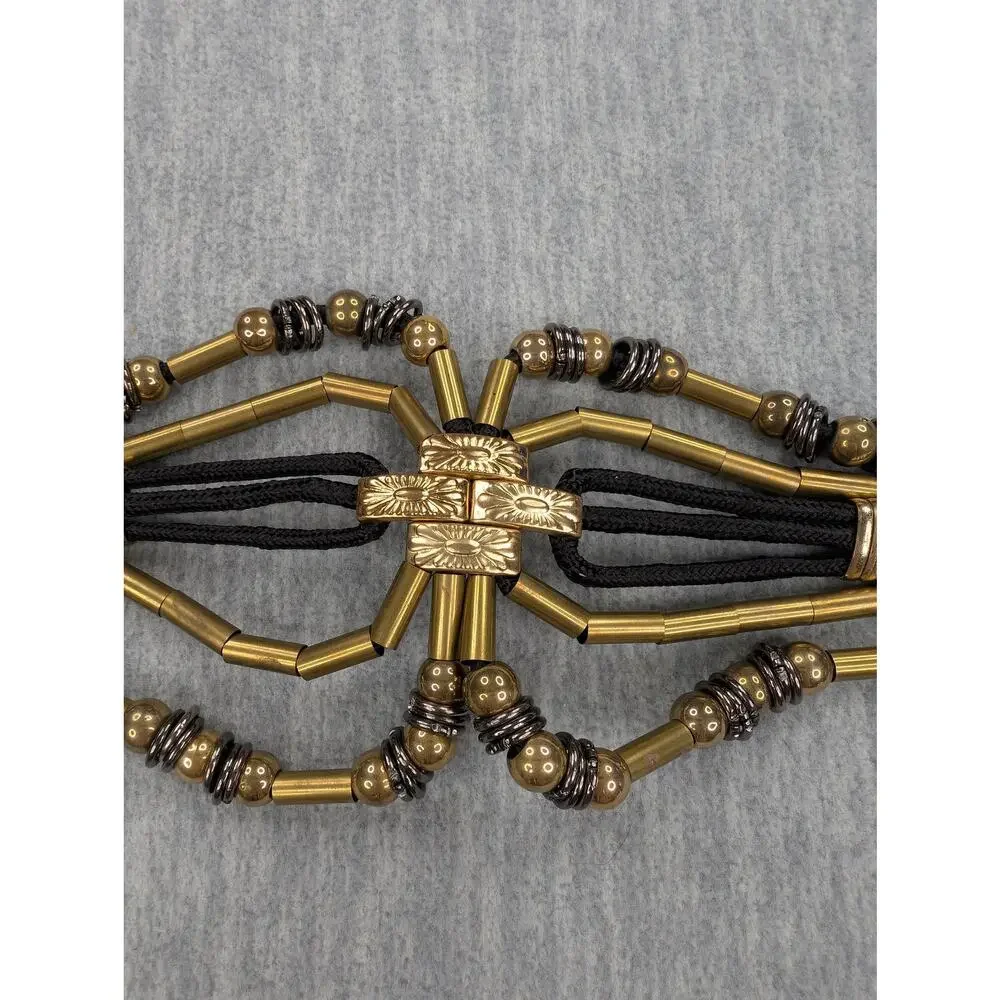 Vintage Belt Black Cord Beaded Geometric Art Deco Gold Silver Tone Western Boho